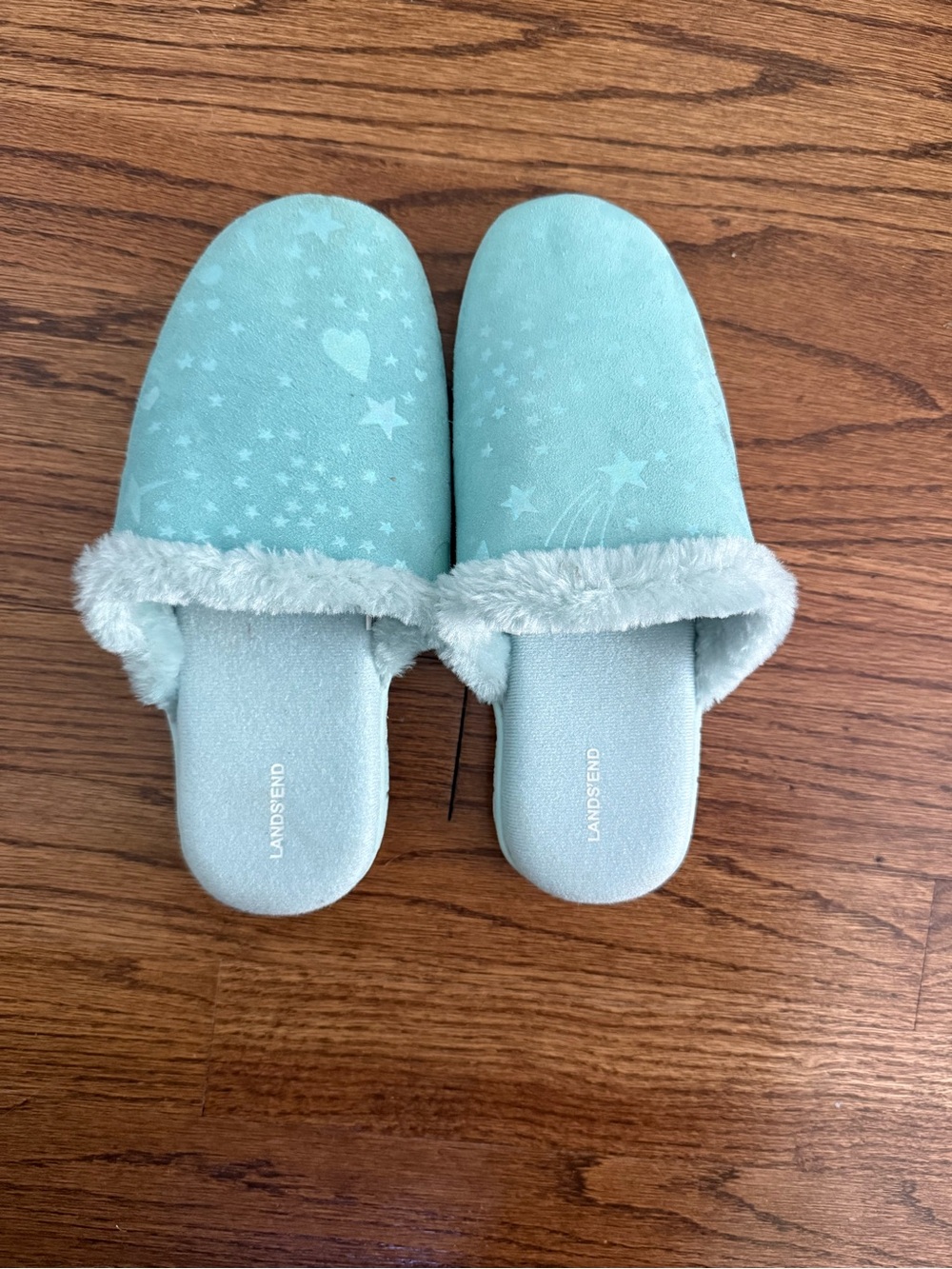 Lands' End Kids Slide Slippers with Faux Fur, Star & Heart Print Size 2